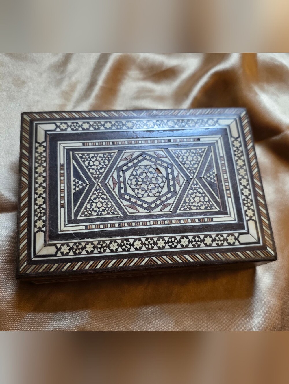Handcrafted Geometric Inlay Wood Box - Brown and Cream
